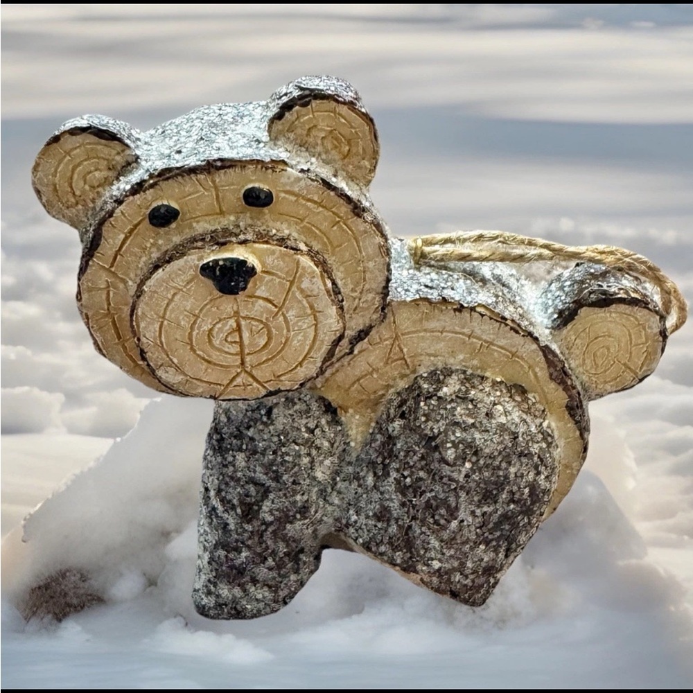 Handcrafted Wood TEDDY BEAR CUB Christmas Ornament 3" Ice Frosted Figurine CUTE!